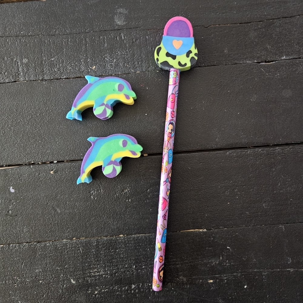 Lisa Frank Vintage 90s Y2K Colorful Dolphin Eraser Purse Pencil Set Lot